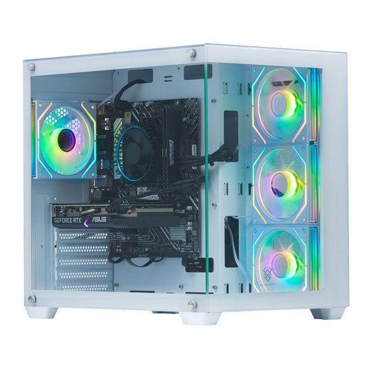 Nemesis 4 White Gaming PC Case – Cube Mid Tower ATX Chassis, Dual Tempered Glass Panels, 4x ARGB Fans Included, 360mm Radiator Support, USB 3.0, White
