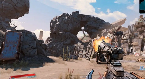 Game scene with a large mechanical creature and player character holding a gun.