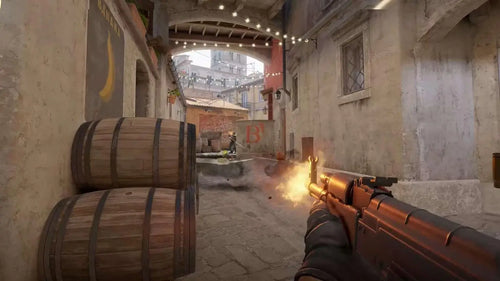 First-person shooter game scene with a player aiming a gun in an urban setting.
