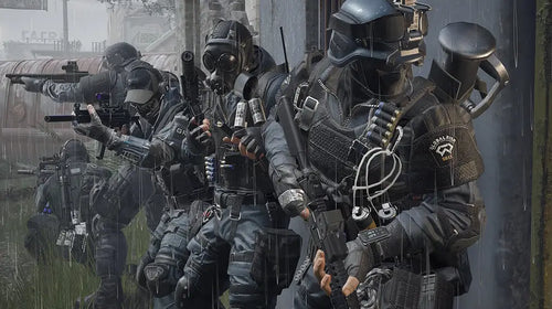 Group of soldiers in tactical gear with weapons in a gritty urban setting