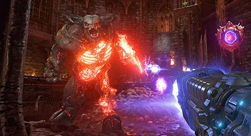 Game scene with a fiery creature and futuristic weapon in a dark, dungeon-like setting