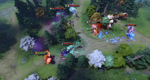 Action-packed scene from a multiplayer online battle arena game with characters and abilities in a forest setting.