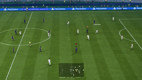 Soccer game in progress on a virtual field with player positions displayed.