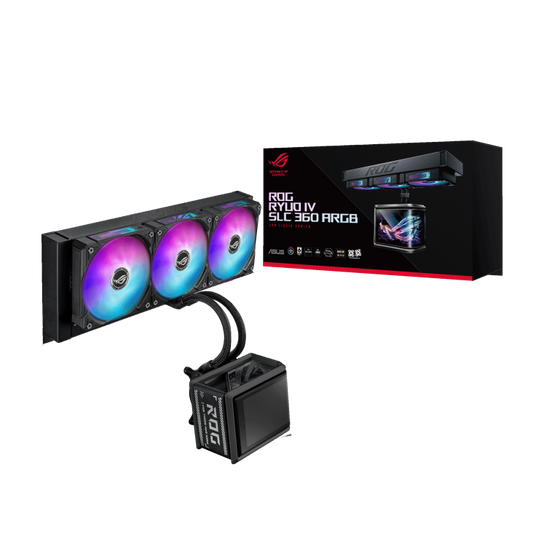 ASUS ROG RYUO IV SLC 360 ARGB All-in-One Liquid CPU Cooler, 6.67" Curved AMOLED Display for 3D Video, Pre-Mounted ARGB Fans