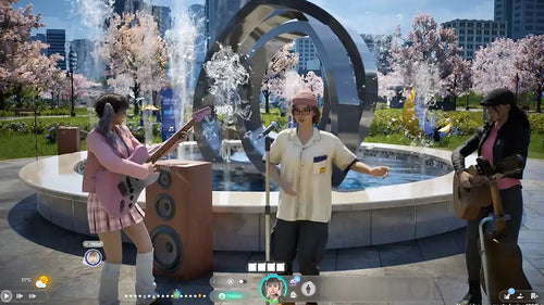 Three animated characters playing instruments in a park with cherry blossoms and modern buildings.