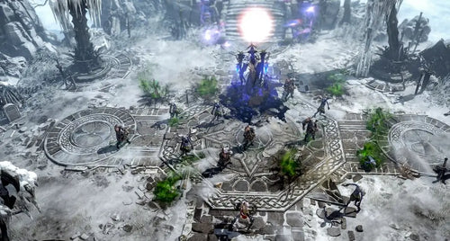Fantasy scene with characters around a glowing central structure in a snowy landscape