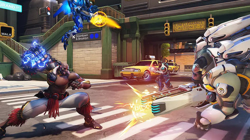 Two animated characters in a street fight with cityscape background