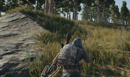 Character in a forest with a backpack and rifle, likely from a video game.