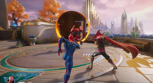 Two characters in a video game arena with a futuristic cityscape in the background