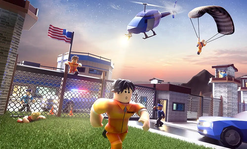 Sandbox game scene with characters, helicopter, and police car in a virtual environment.
